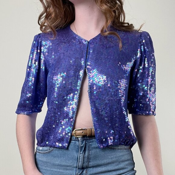Vintage Silk Sequin Beaded Iridescent Puff Pleated Short Sleeve Button Up Blouse - Picture 4 of 8